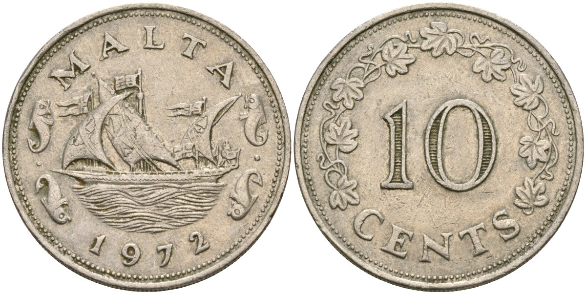 Мальта 10 центов 1972 баржа Великого магистра KM 11 медно-никель 4137-923