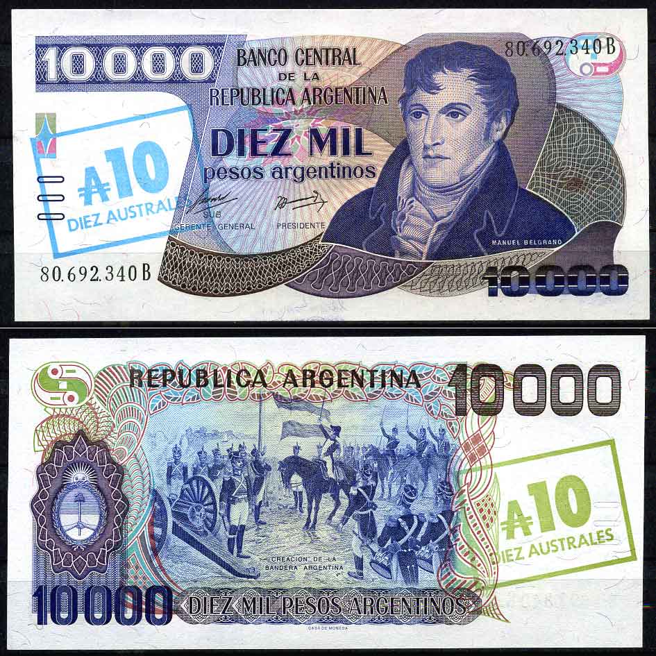 Аргентина 10 аустралей 1985 серия В, надпечатка на 10000 песо, Мануэль Бельграно (1770-1820), на обороте печать зеленая Pick 322 c бумага UNC (пресс)   447-8-2