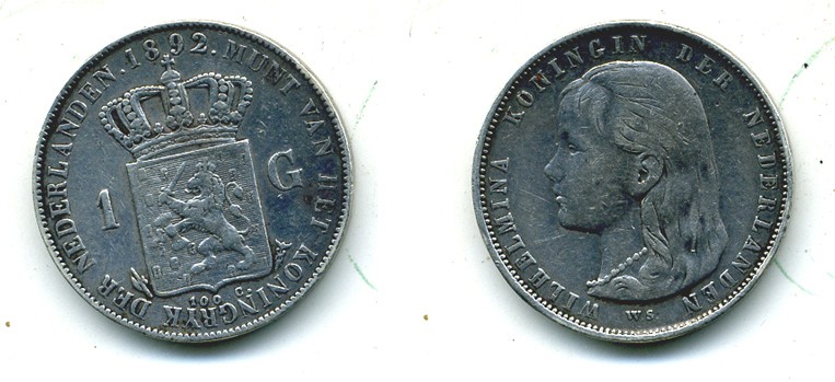 Нидерланды 1 гульден 1892 Вильгельмина (1890-1948) KM 117 серебро 00-00