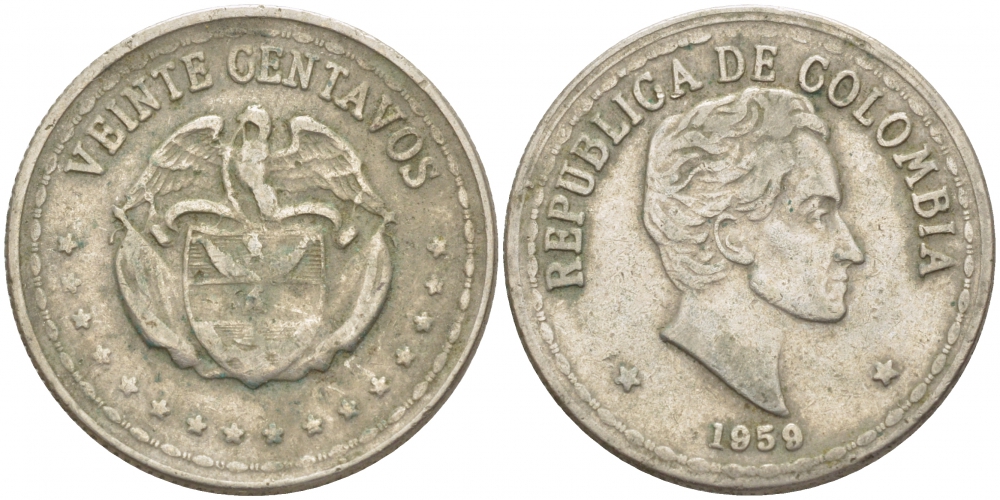КОЛУМБИЯ 20 СЕНТАВО 1959 СИМОН БОЛИВАР KM 215.1 медно-никель 4448-835
