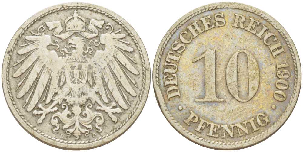 Германия 10 пфеннигов 1900 D KM 12, J. 13, Weege 8 медно-никель 261-1342