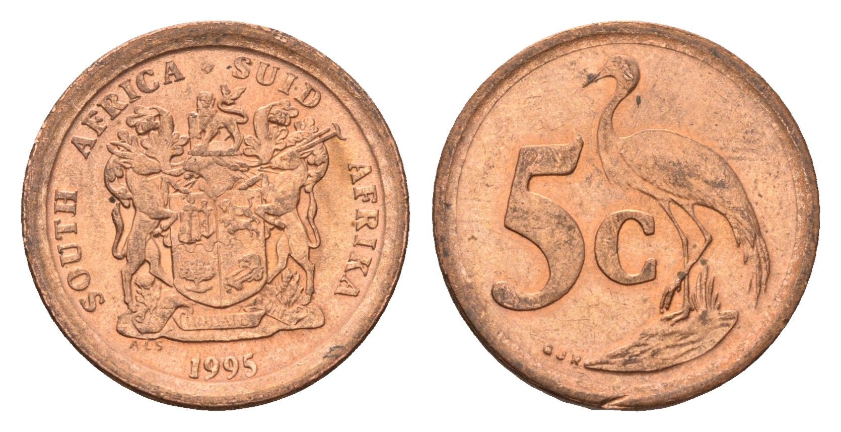 ЮАР 5 центов 1995 герб, райский журавль KM 134 сталь плакированная медью UNC 4687-167