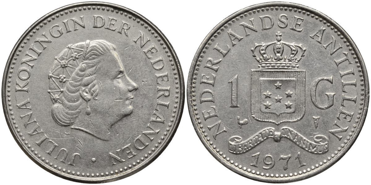 Нидерландские Антилы 1 гульден 1971 Юлиана (1948-1980) KM 12 никель 4171-211
