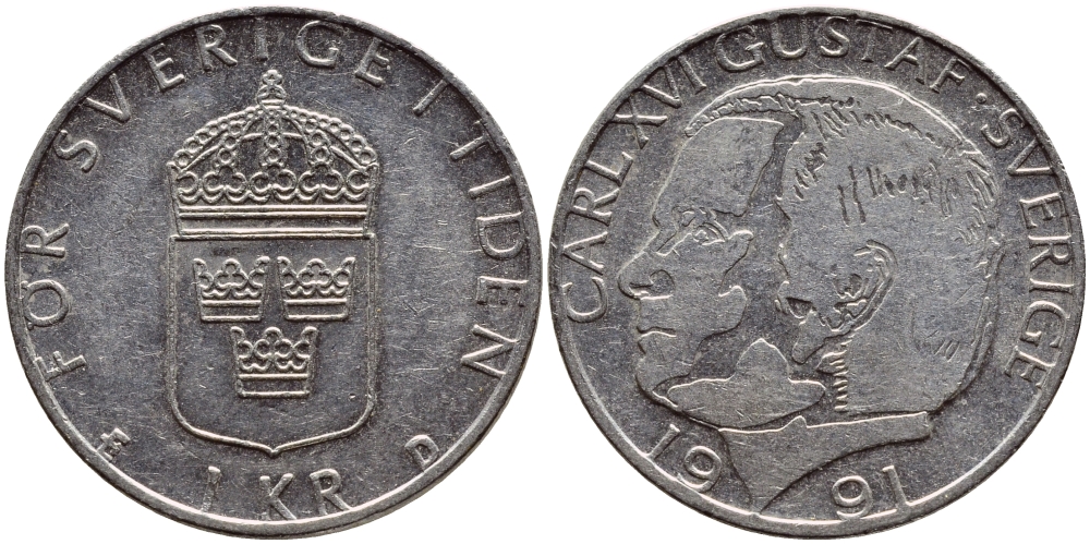 Швеция 1 крона 1991 Карл XVI Густав (1973- ) KM 852a медно-никель 4390-1153