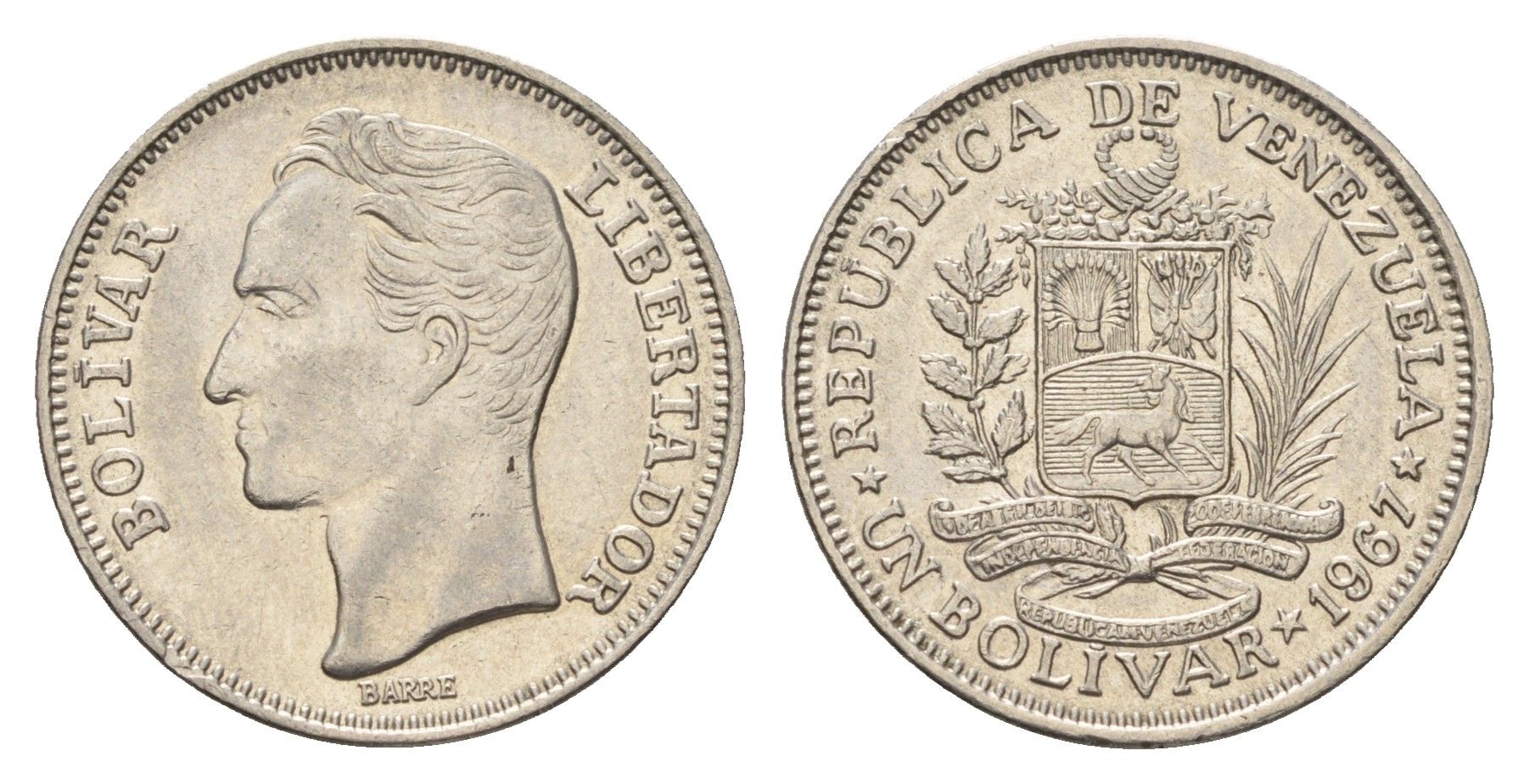 Венесуэла 1 боливар 1967 Симон Боливар, год-тип Y 42 никель 4132-1046