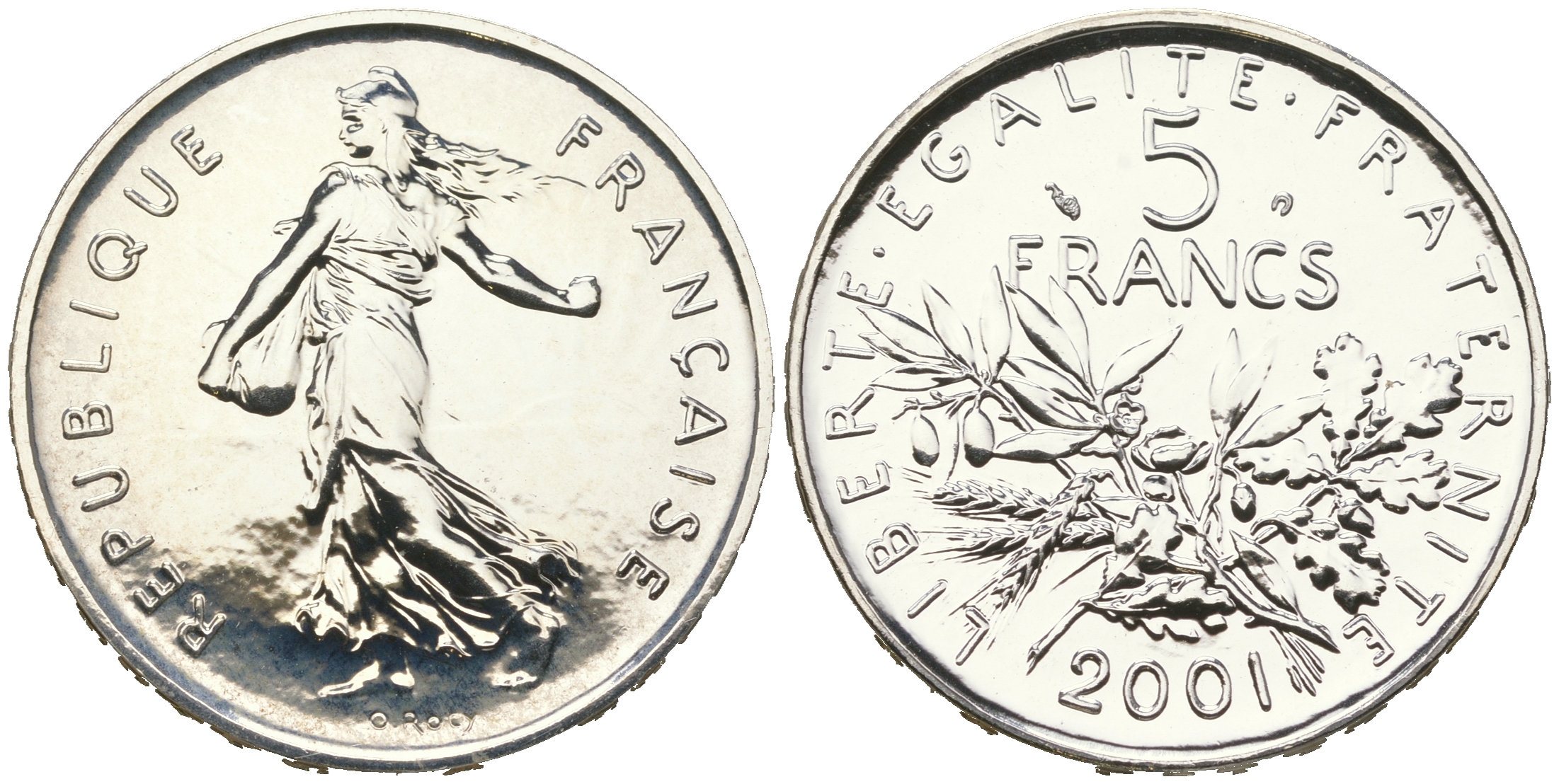 Франция 5 франков 2001 прощай франк, в оригинальной коробке, в оригинальной коробке KM 1309 серебро  UNC  3-4-11-21