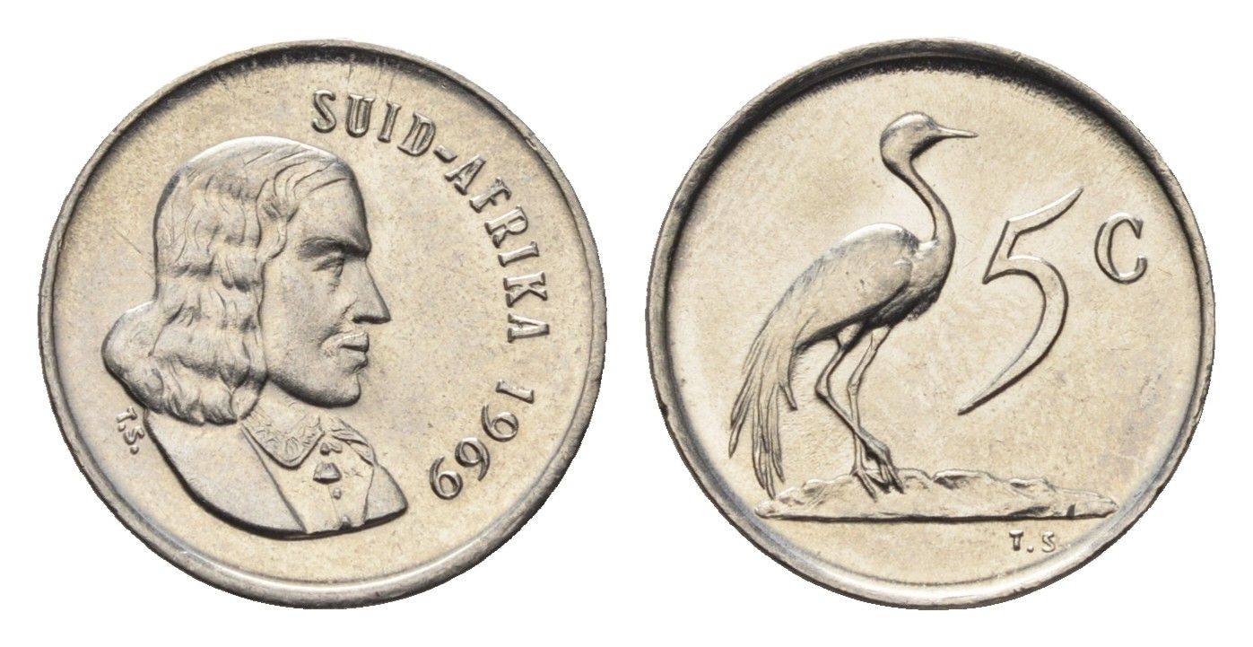 ЮАР 5 центов 1969 Ян ван Рибек (1619-1677), Suid Africa, легенда на африкаанс, райский журавль KM 67.2 медно-никель UNC 4690-939