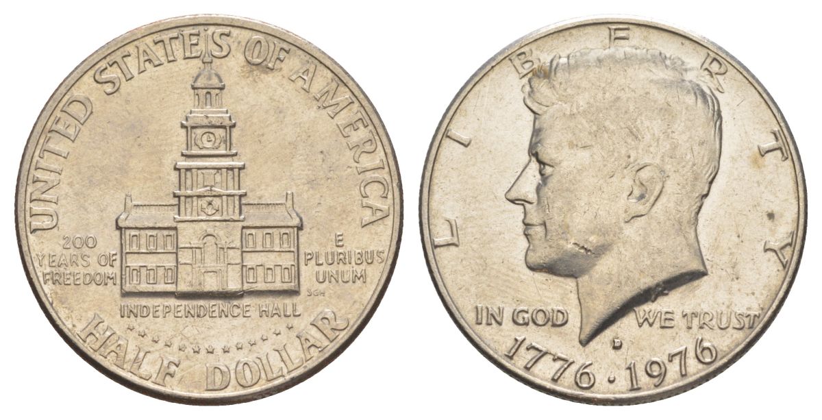 США 1/2 доллара (50 центов) 1976 D, 200 лет независимости, Джон Кеннеди KM 205 медь плакированная медно-никелем aUNC 4545-933