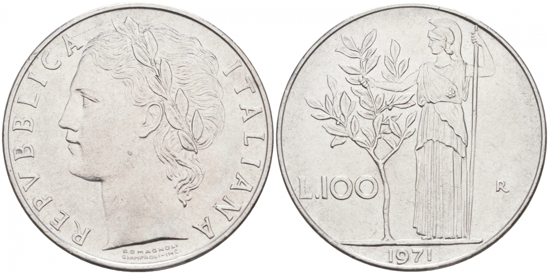 Италия 100 лир 1971 R, Афина KM 96.1 нержавеющая сталь 3855-812