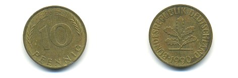 ФРГ 10 ПФЕННИГОВ 1990 D KM 108, J.383 сталь плакированная латунью 54-2336