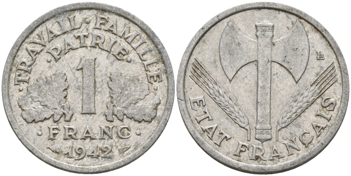 Франция 1 франк 1942 LB, тип Lourde, правительство Виши KM 902.1, Le Franc 222.2 алюминий 4142-915