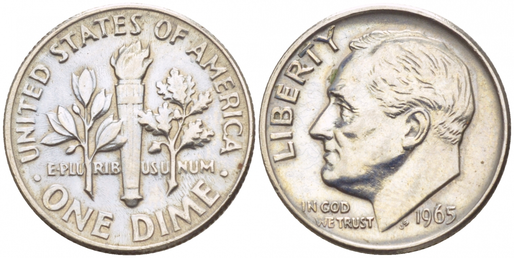 США 10 ЦЕНТОВ = 1 ДАЙМ 1965 РУЗВЕЛЬТ KM 195а медь плакированная медно-никелем 4547-856