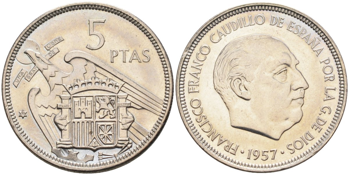 Испания 5 песет 1957(70) Франциско Франко (1939-1975) KM 786 медно-никель UNC 4583-1126