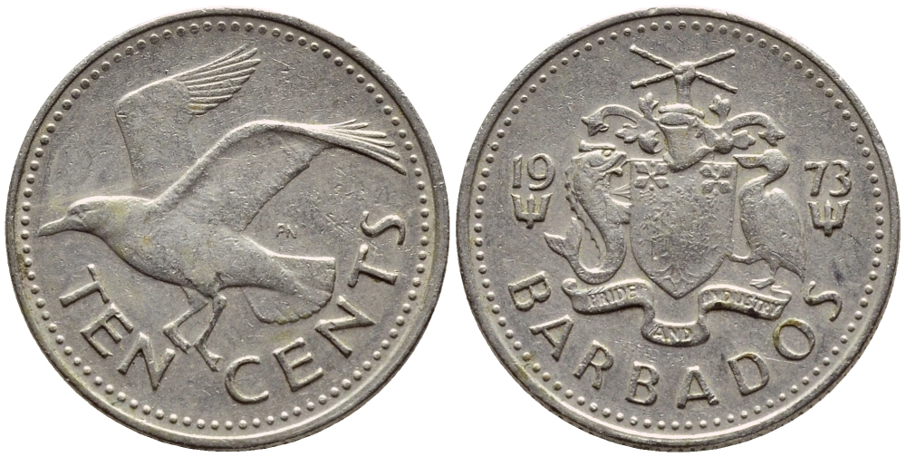 Барбадос 10 центов 1979 смеющаяся (Ацтекская) чайка KM 12 медно-никель 4396-1212