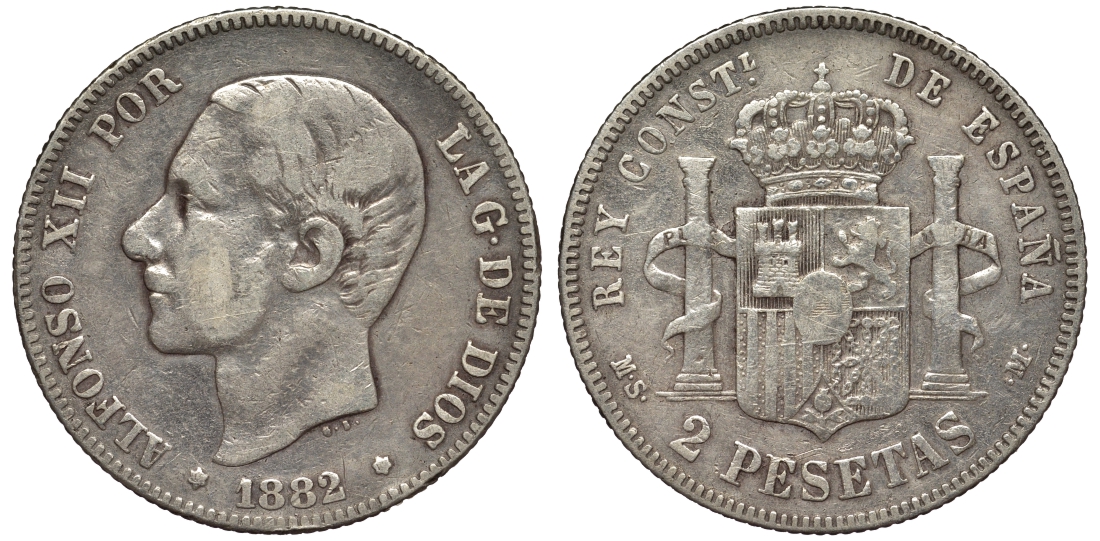 Испания 2 песеты 1882 MS-M, Альфонсо XII (1874-1885) KM 678 серебро 4566-646