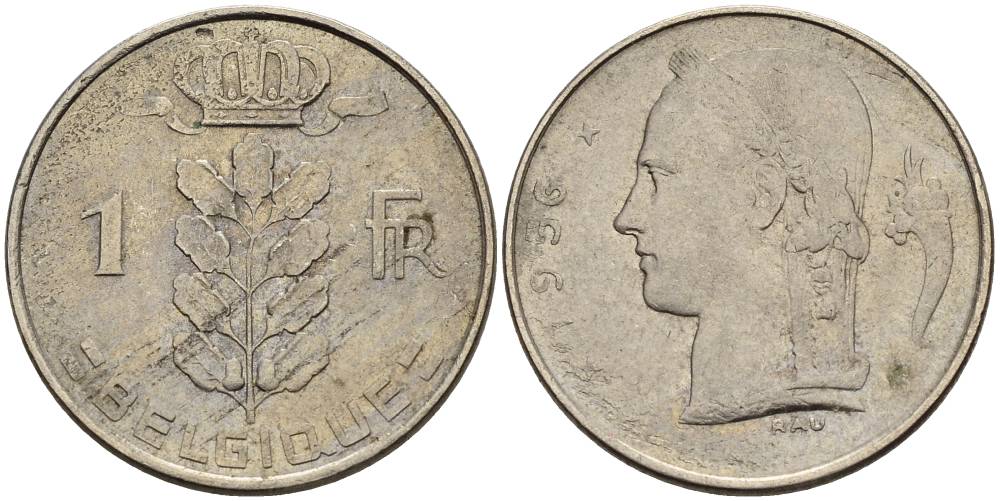 БЕЛЬГИЯ 1 ФРАНК 1956 BELGIQUE KM 142.1 медно-никель 4546-442