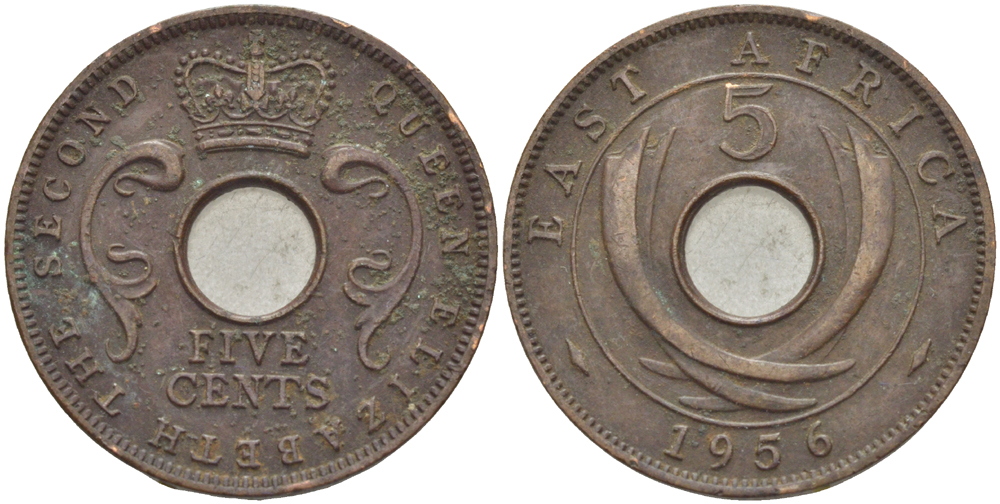 Британская Восточная Африка 5 центов 1956 Елизавета II (1952-) KM 37 бронза 94-834