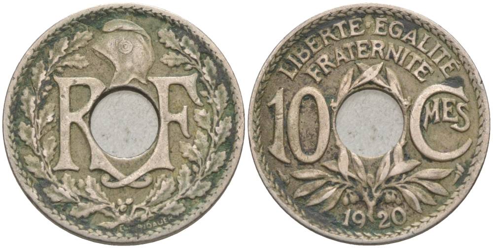 ФРАНЦИЯ 10 САНТИМОВ 1920 ТИП LINDAUER KM 866а, LE FRANC 138.4 медно-никель 55-141