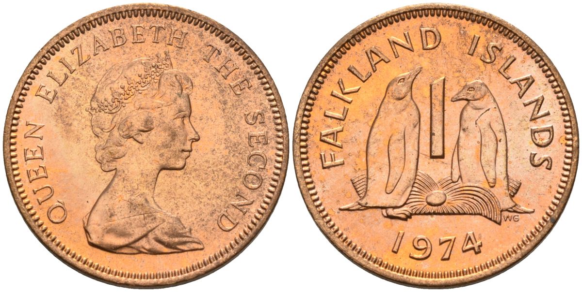 Фолклендские острова 1 пенни 1974 Елизавета II (1952-2022), папуанский пингвин KM 2 бронза 4152-1263