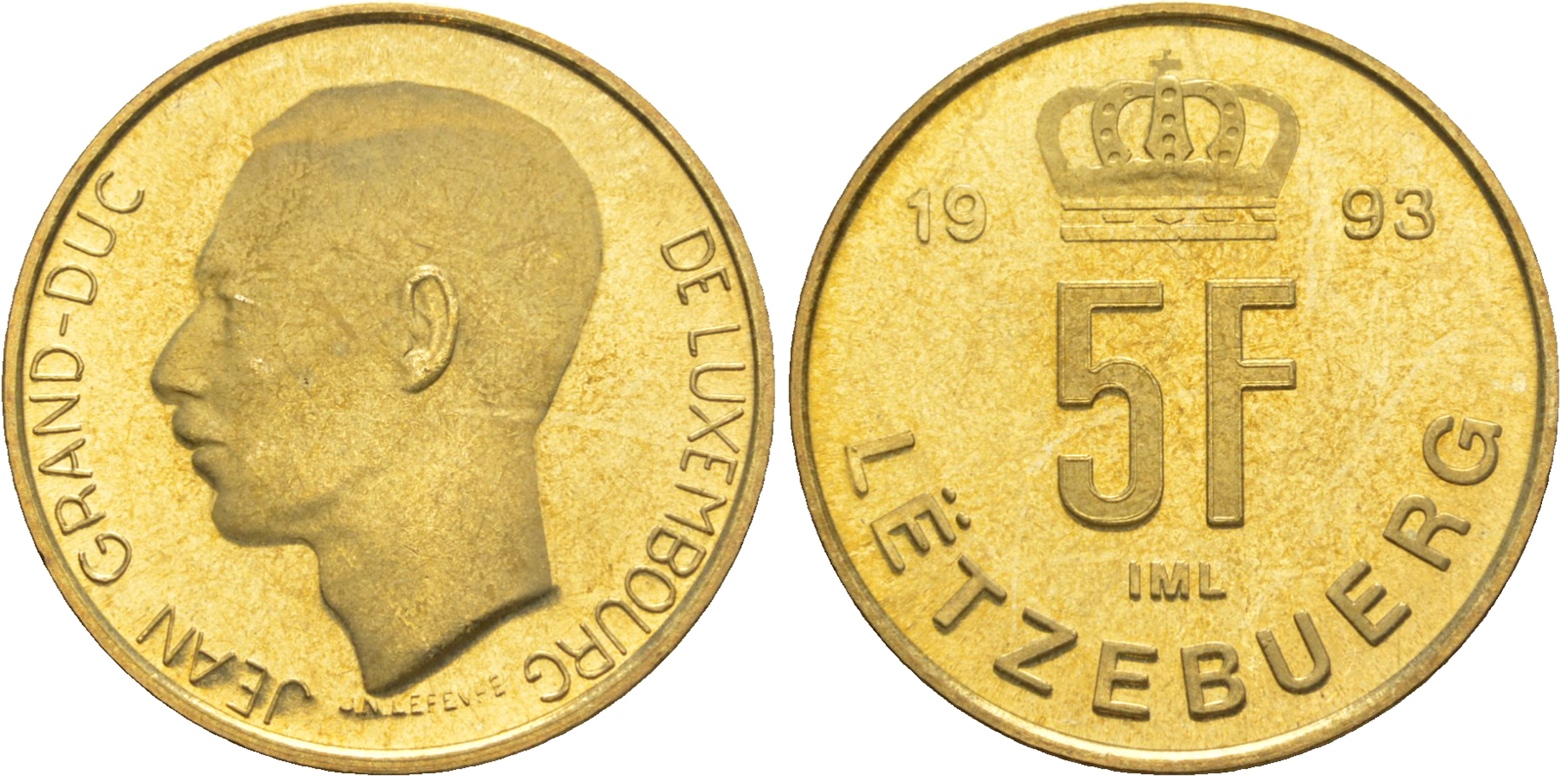 Люксембург 5 франков 1993 Великий герцог Жан (1964-2000), тираж 10.000 экземпляров KM 65 алюминиевая бронза  BU  4635-1224