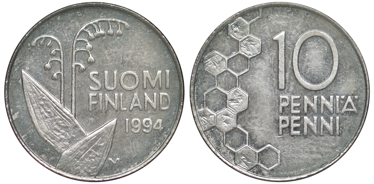 ФИНЛЯНДИЯ 10 ПЕННИ 1994 M, ЛАНДЫШ KM 65 медно-никель 3334-1152