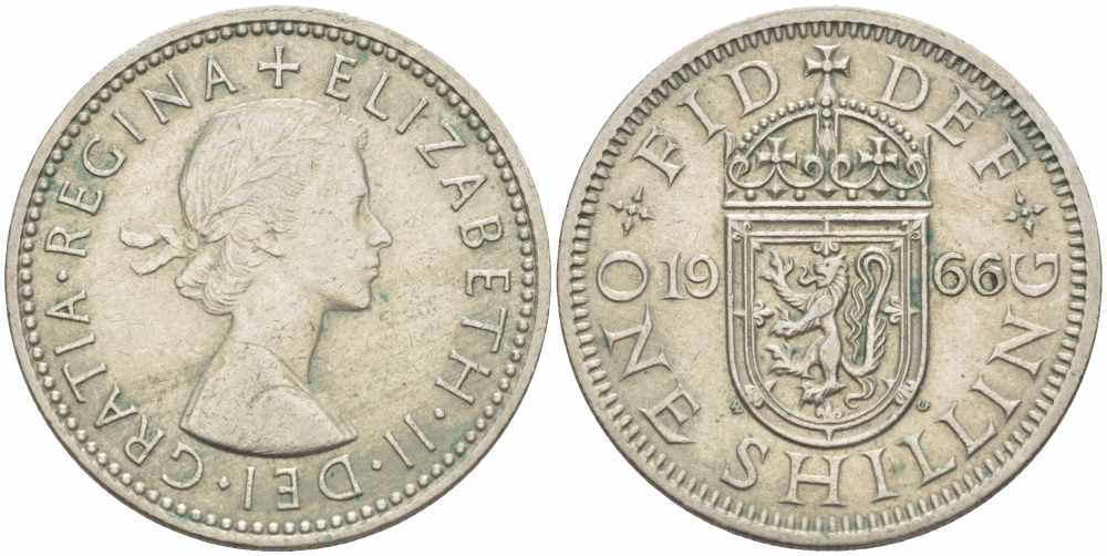 Великобритания 1 шиллинг 1966 Елизавета II (1952-2022), Шотландский герб KM 905, Spink 4148 медно-никель 34-726