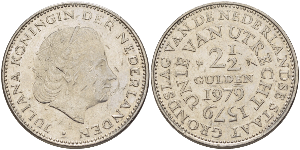 Нидерланды 2 1/2 гульдена 1979 400 лет Утрехтскому союзу, Юлиана (1949-1980) KM 197 никель 82-1226