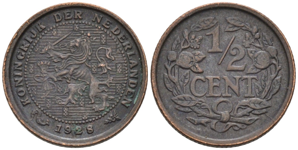 Нидерланды 1/2 цента 1928 Вильгельмина (1890-1948) KM 138 бронза 4576-462