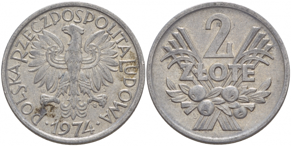 ПОЛЬША 2 ЗЛОТЫХ 1974 MW KM 46 алюминий 4545-345