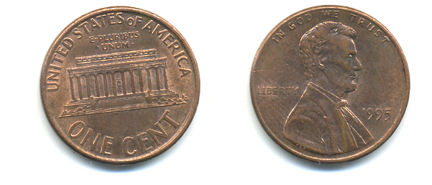 США 1 ЦЕНТ 1995 ЛИНКОЛЬН KM 201b цинк плакированный медью 86-324