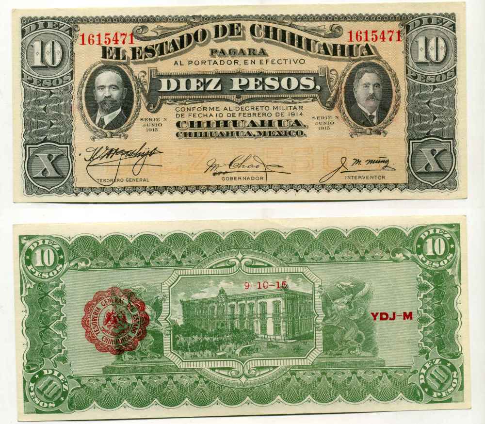 МЕКСИКА 10 ПЕСО 1915 CHIHUAHUA, ЧИХУАХУА, КРАСНАЯ ПЕЧАТЬ НА ОБОРОТЕ 9 ОКТЯБРЯ 1915 Pick S535 бумага UNC (ПРЕСС) 8589-55-3-1