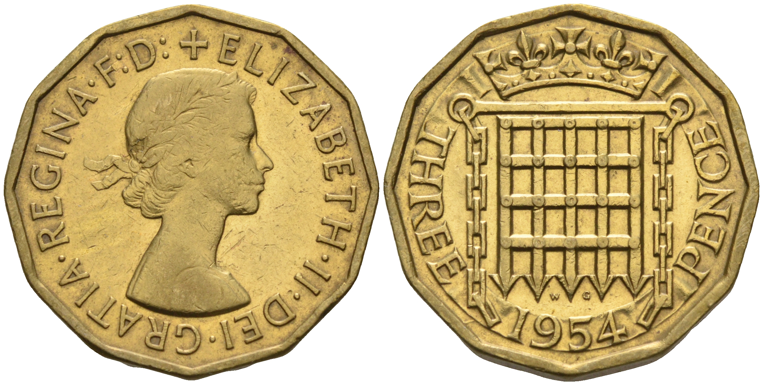 Великобритания 3 пенса 1954 Елизавета II (1952-2022) KM 900, Spink 4153 никель латунь 4592-421