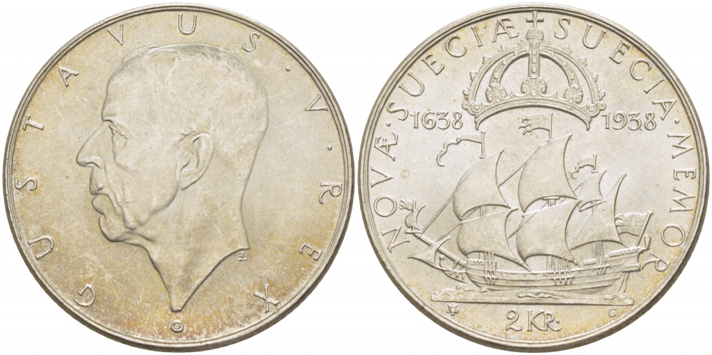 Швеция 2 кроны 1938 G, Густав V (1907-1950), 300 лет шведским поселениям в Делавере KM 807 серебро 1515-1032