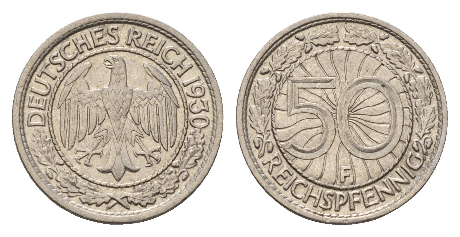 Германия 50 рейхспфеннигов 1930 F, редкий монетный двор KM 49, J. 324 никель 1517-1214