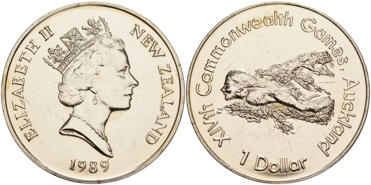 Новая Зеландия 1 доллар 1989 XIV Игры Содружества наций, плавание, Елизавета II (1952-2022) KM 69 медно-никель UNC 73-535