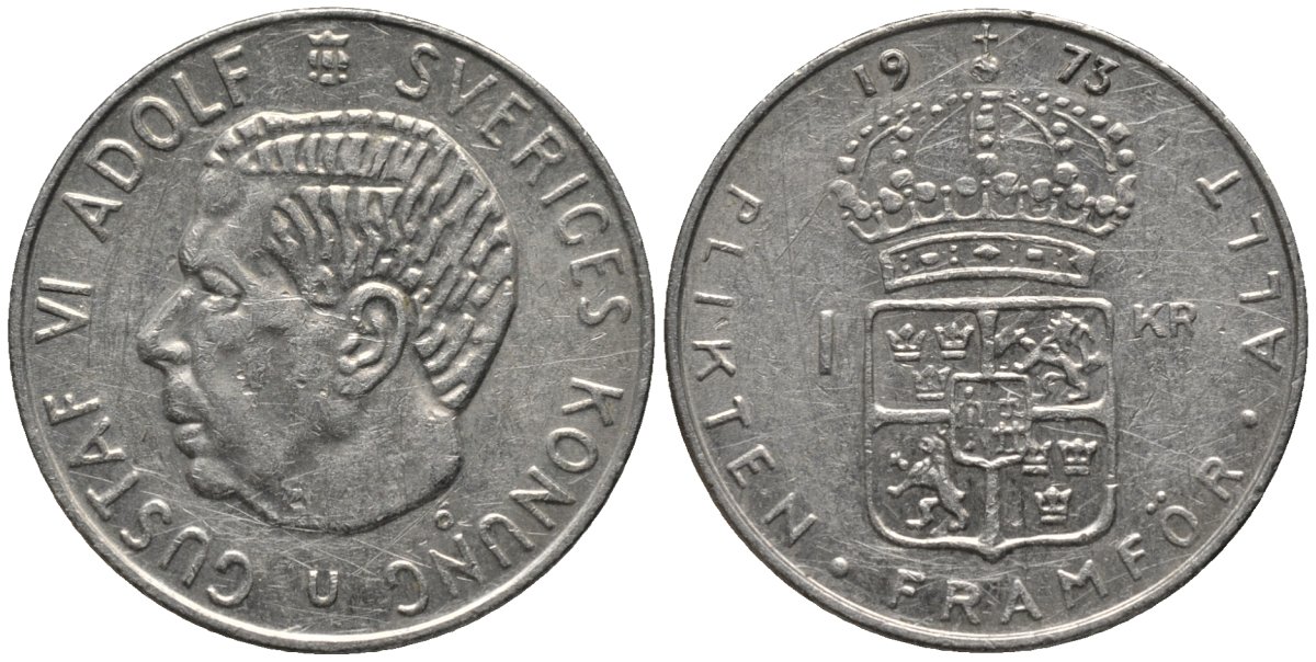 Швеция 1 крона 1973 Густав VI Адольф (1950-1973) KM 826а медь плакированная медно-никелем 4577-815