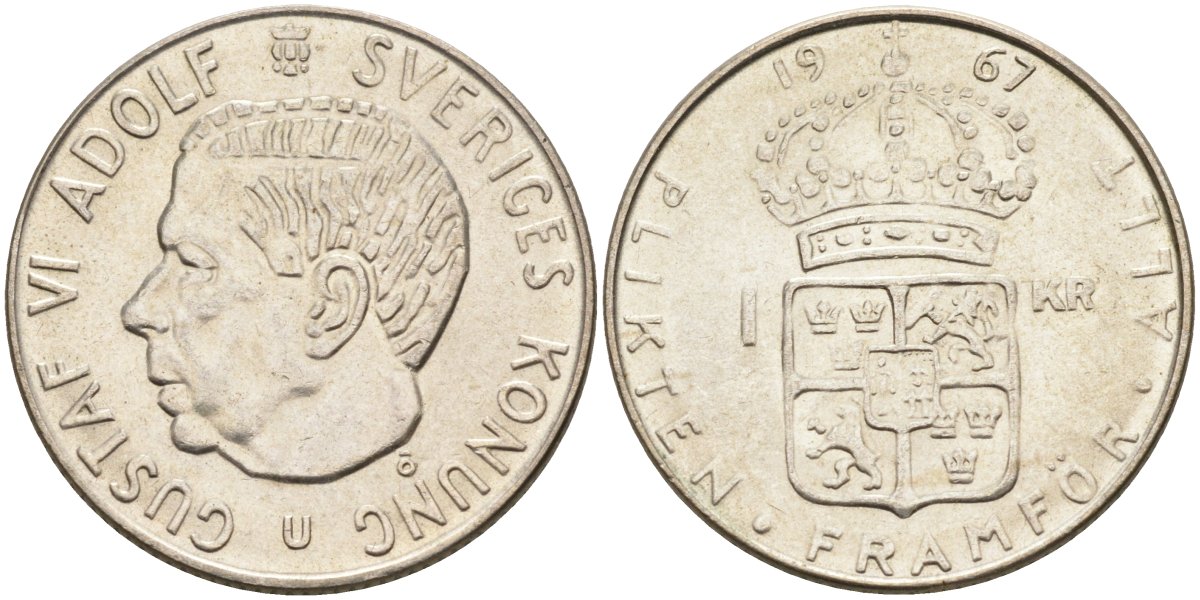 Швеция 1 крона 1967 U, Густав VI Адольф (1950-1973) KM 826 серебро UNC 4582-435
