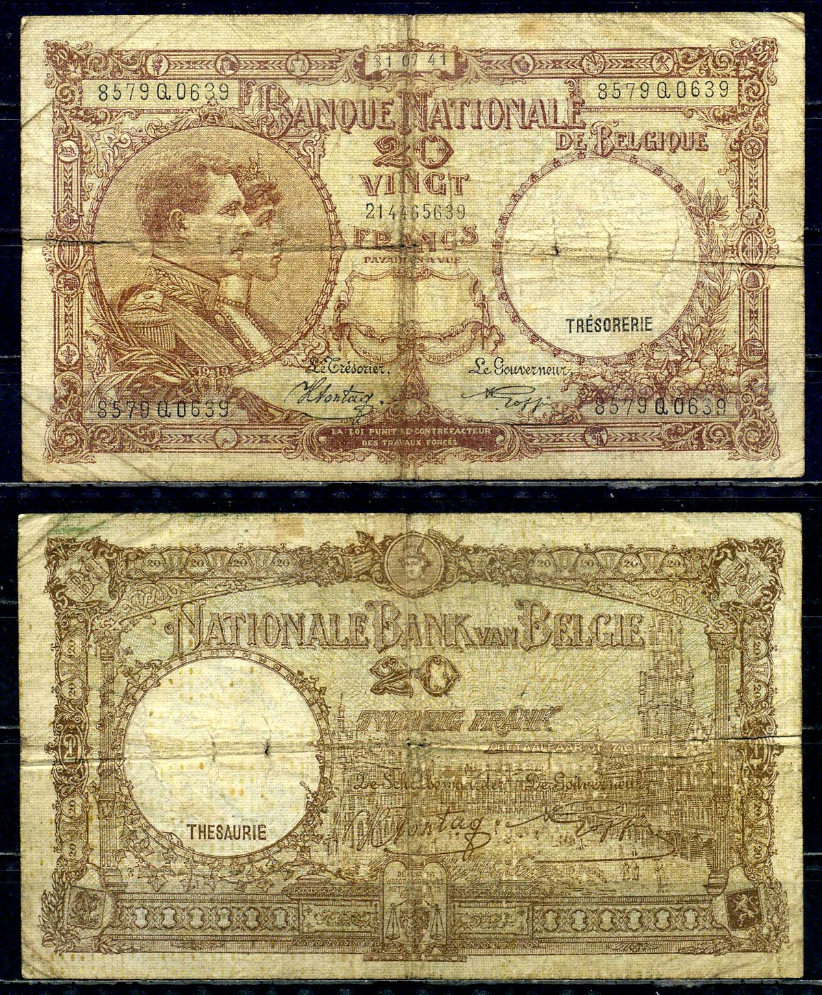 Бельгия 20 франков 1941 31.07.1941, Король Альберт I и его жена Королева Елизавета, Гран-Плас / Гроте Маркт, Брюссель Pick 111 (2) бумага 6301-28-2-2