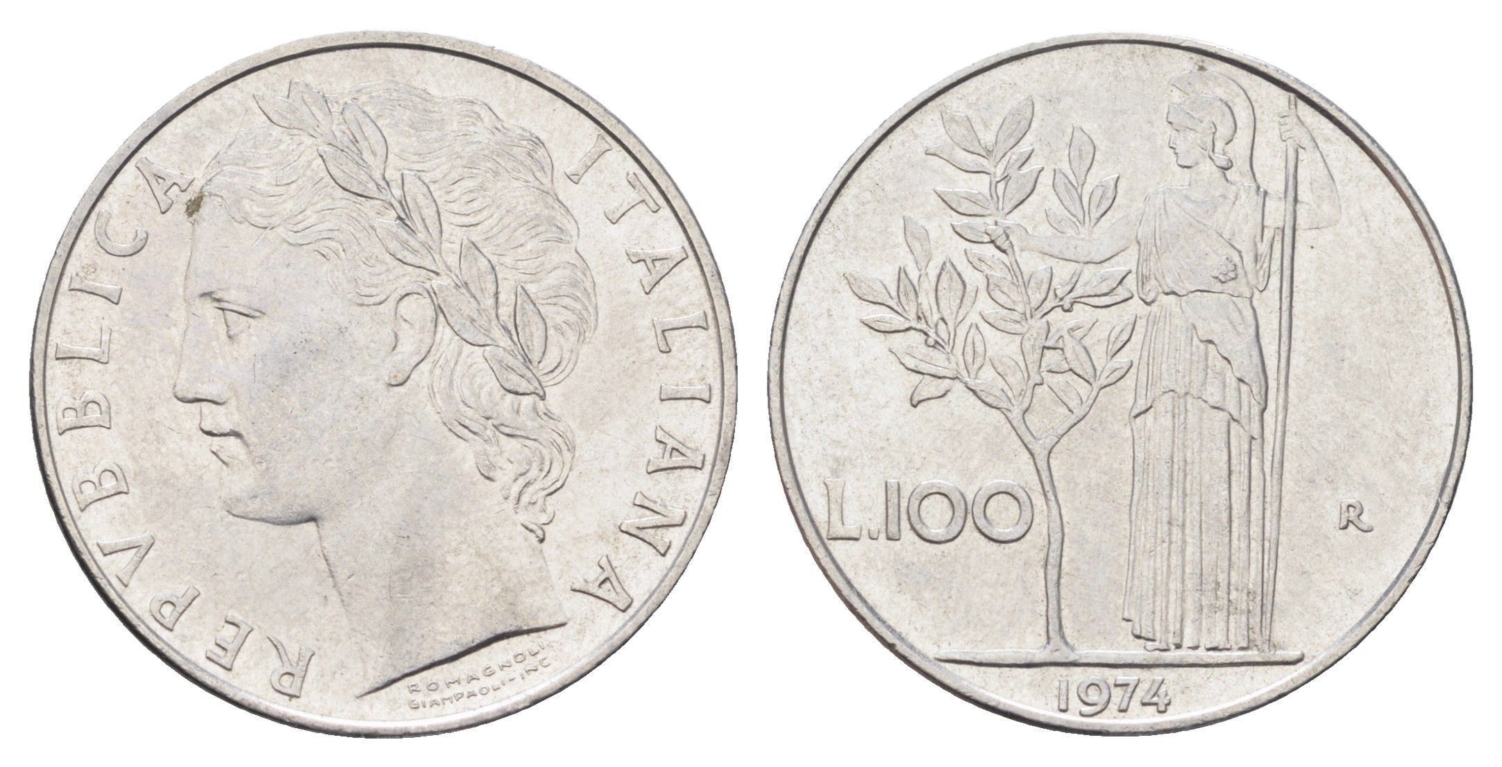 Италия 100 лир 1974 R, Афина в доспехах KM 96.1 нержавеющая сталь 4704-723
