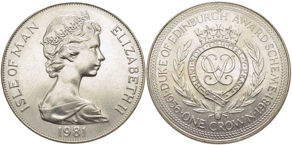 Остров Мэн 1 крона 1981 приз герцога Эдинбургского, вензель KM 74 медно-никель UNC 107-622