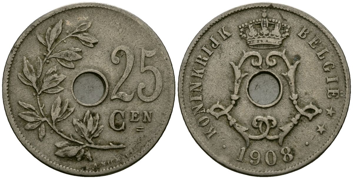 Бельгия 25 сантимов 1908 BELGIE KM 63 медно-никель 4172-121