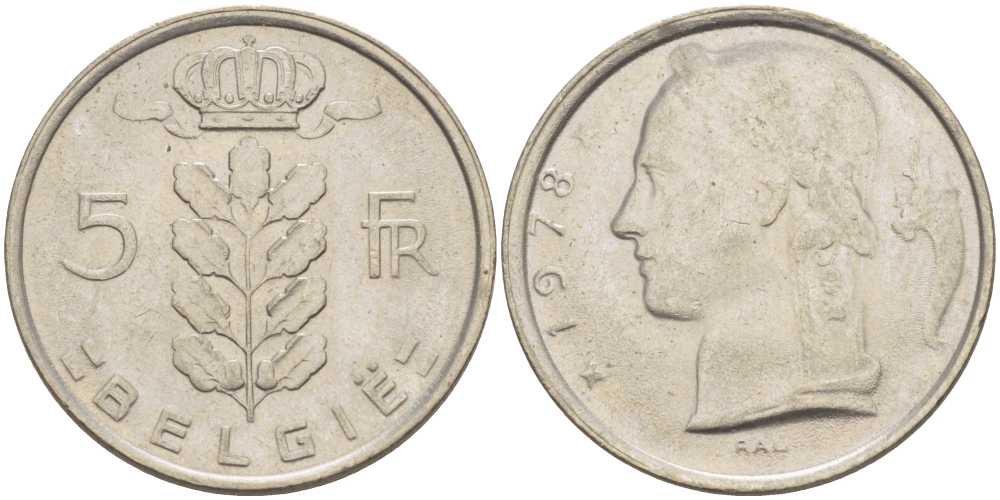 БЕЛЬГИЯ 5 ФРАНКОВ 1978 BELGIE, БОДУЭН I (1951-1993) KM 135.1 медно-никель 4364-1427