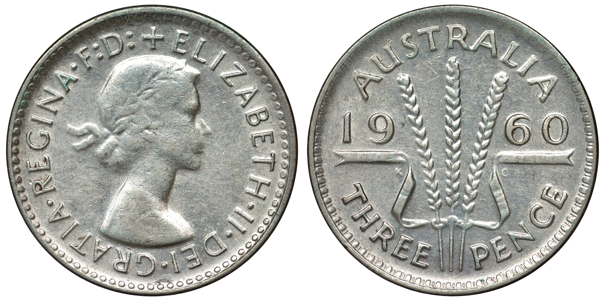 Австралия 3 пенса 1960 m, Елизавета II (1952-2022) KM 57 серебро 71-634