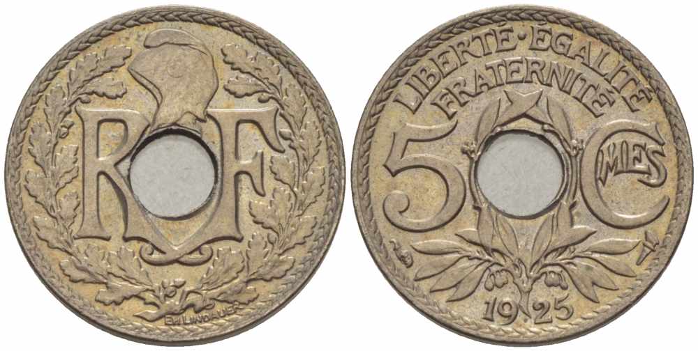 ФРАНЦИЯ 5 САНТИМОВ 1925 ТИП ЛИНДАЙЁ KM 875, LE FRANC 122.10 медно-никель 4379-342