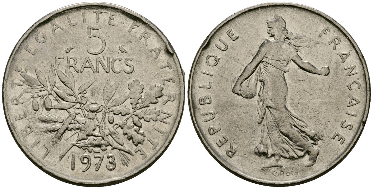 Франция 5 франков 1973 KM 926a медно-никель плакированный никелем 4120-436