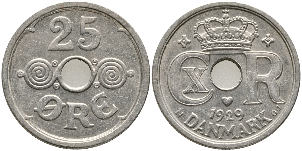 Дания 25 эре 1929 N; GJ, Кристиан X (1912-1947) KM 823.2 медно-никель 28-1113