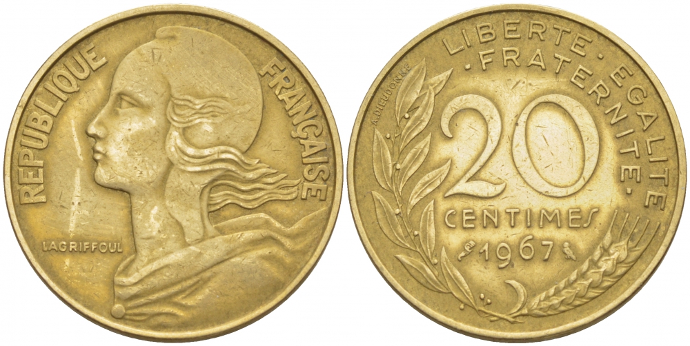 ФРАНЦИЯ 20 САНТИМОВ 1967 KM 930 медь алюминий никель 3856-1113