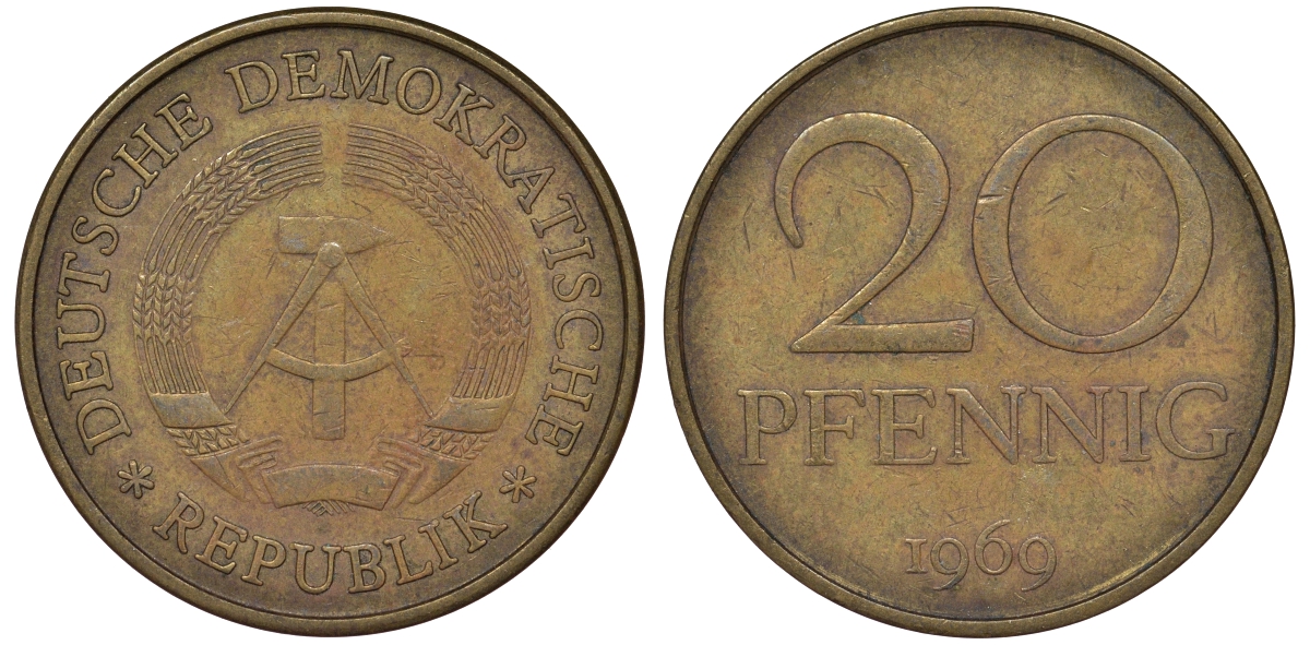 ГДР 20 пфеннигов 1969 А, первый год KM 11 латунь 62-1213