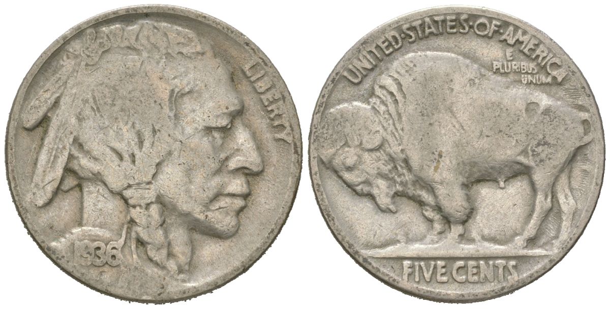 США 5 центов 1936 индеец, бизон KM 134 медно-никель 4614-1246