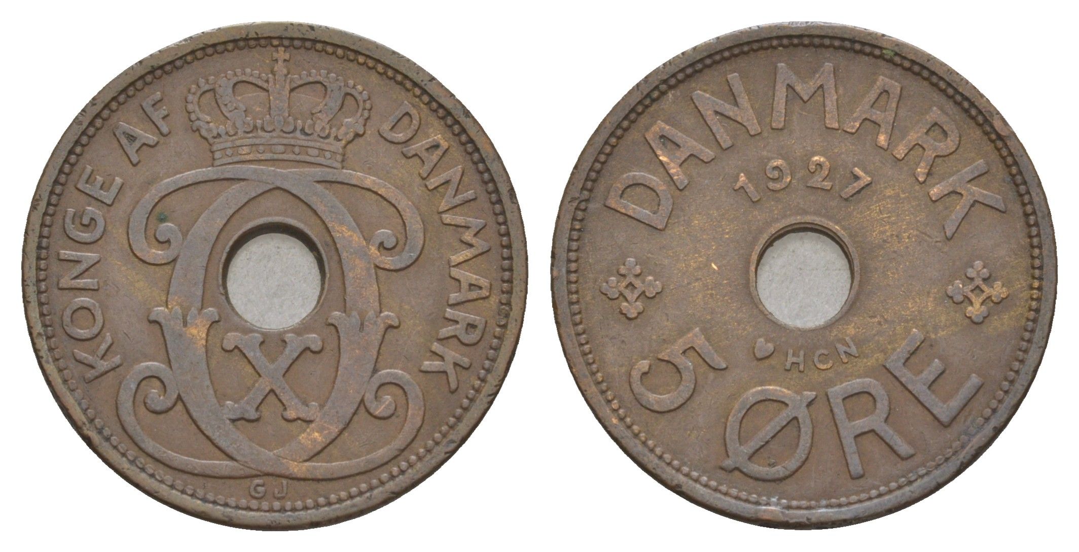 Дания 5 эре 1927 HCN, Кристиан X (1912-1947) KM 828 бронза 4657-226